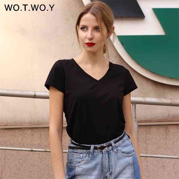 

v-neck 15 candy color cotton basic t-shirt women plain simple t shirt for women short sleeve female 077 210320, White