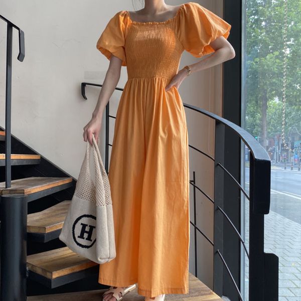 

korea chic puff sleeve ruffled high waist loose wide leg casual pants jumpsuit black long ladies rompers 210510, Black;white