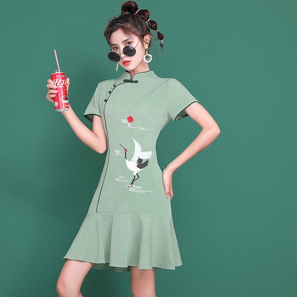 

2021 new enhanced short sleeve qipao, chinese everyday style, printed ring, women's embroidery, summer 8tcr, White;black