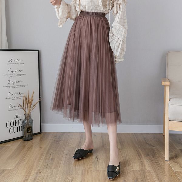 

skirt women mesh pleated midi womens summer elastic high waist a line tulle skirt mid-calf woman skirts faldas ozde, Black