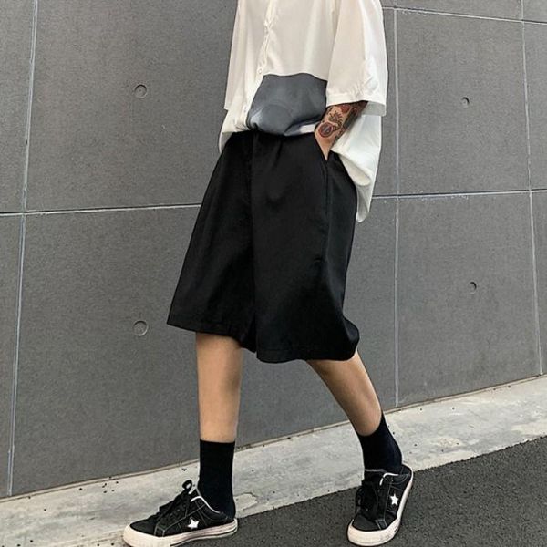 

summer japanese retro solid color drop over knee trousers fashion casual wild loose five-point pants black / grey men's shorts, White;black