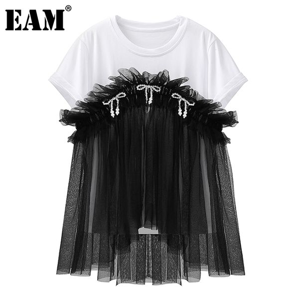 

[eam] women white mesh spliced ruffle bow pearls t-shirt round neck short sleeve fashion spring summer 1dd7451 210512