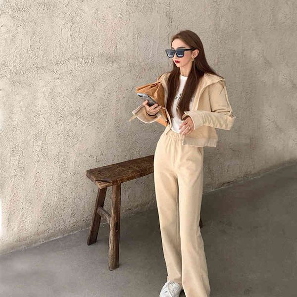 

women's two piece pants sports ensembles of two women's workout pieces short zip-up jacket + elastic casual long leg pants simple, White