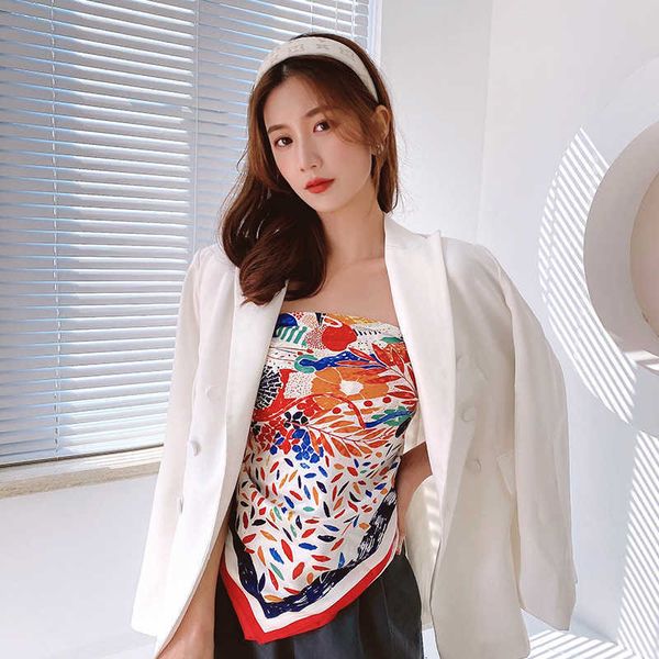 

summer printed small women's twill 90 square colorful simulated silk crimped scarf, Blue;gray