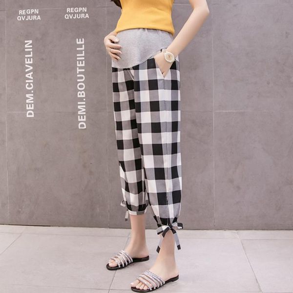 

pregnant women's casual pants spring and summer nine-point season thin loose fashion plaid tide mom maternity bottoms, White