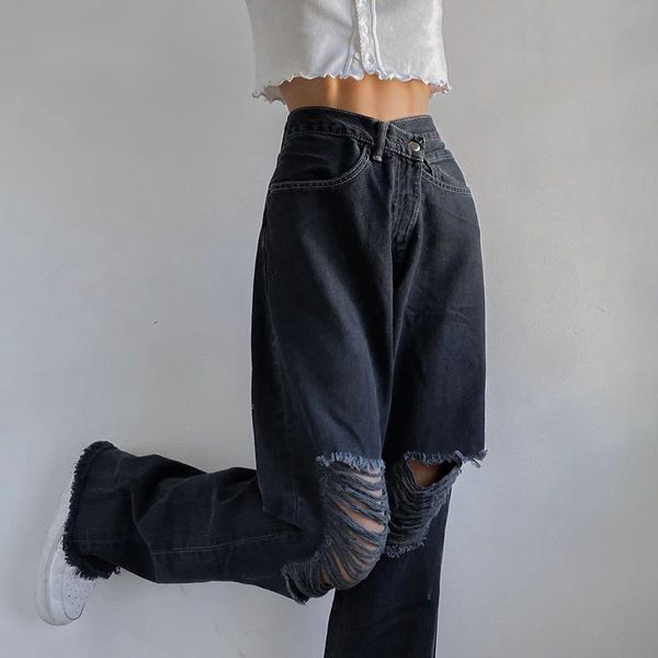 

women's jeans fashion holes high waist femme pantalon 90s vintage streetwear loose korean trousers joggers women denim pants, Blue