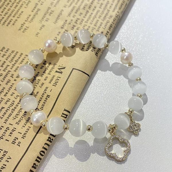 

beaded, strands opal simple cold wind four-leaf clover pearl bracelet, Black