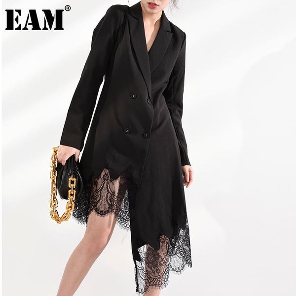 

casual dresses [eam] women black double breasted lace irregular dress notched long sleeve loose fit fashion tide spring autumn 2021 wm66501, Black;gray