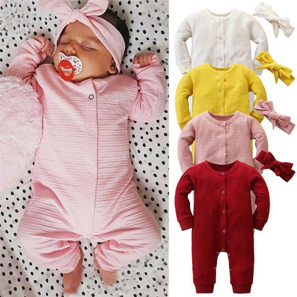 

2pcs knitted solid jumpsuit newborn baby girl boy clothes long sleeve fall romper long sleeve headband outfit clothes wholesale, Blue
