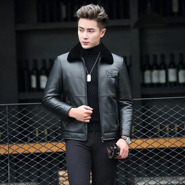 

men's leather & faux 2021 jacket lapel zipper casual business, Black