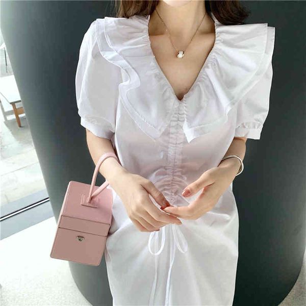 

ruffles v-neck drawstring women long dress summer short sleeve sweet vintage elegant fashion vestidos femme 210518, Black;gray