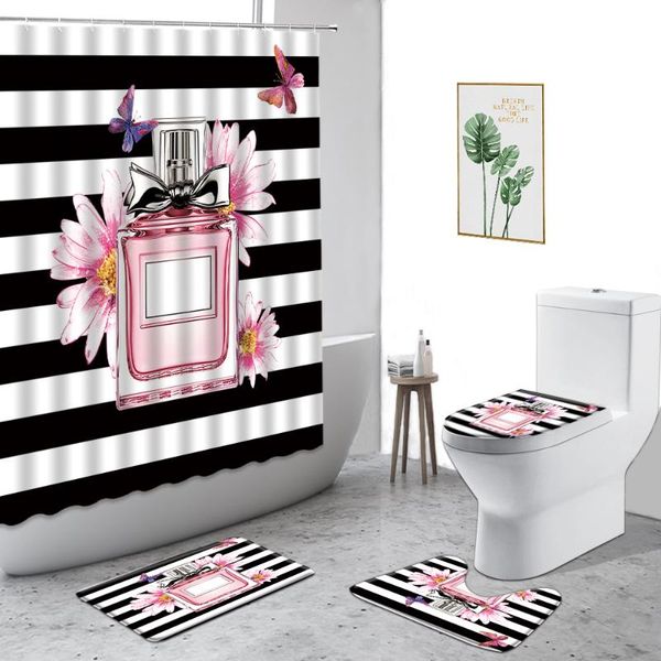 

shower curtains black white stripes curtain flower perfume lipstick printed bathroom decor non-slip carpet toilet lid cover rugs
