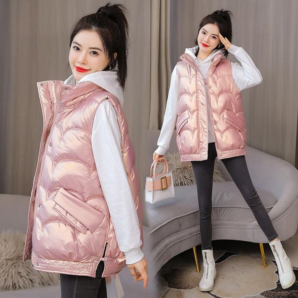

women's vests 2021 winter women pu vest warm stand collar sleeveless zipper thick padded coat casual female two pockets waistcoat, Black;white
