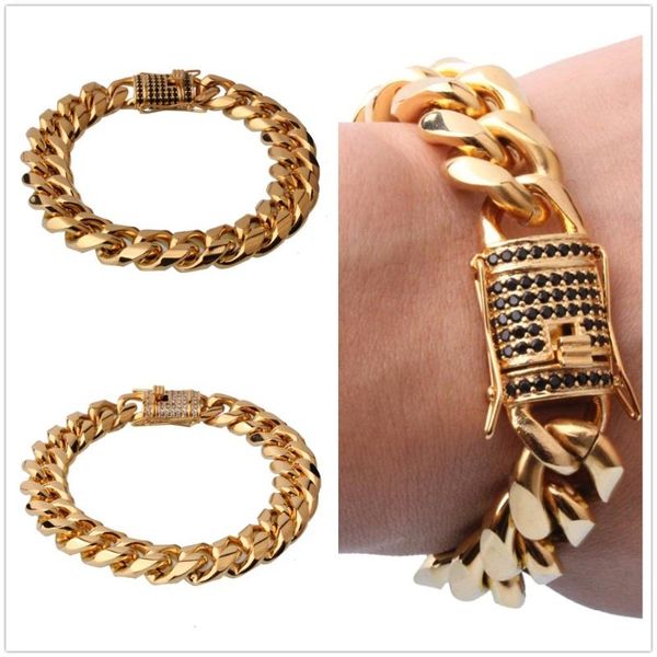 

link, chain 15mm 7-11"trendy style cubic zirconia stainless steel golden miami curb cuban link bracelet fashion daily jewelry, Black