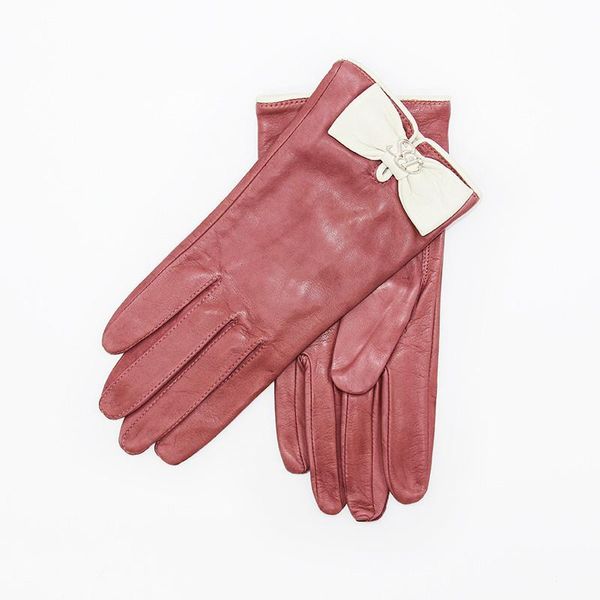

fingerless gloves women genuine leather real sheepskin touch screen color bow winter plus velvet lining warm windproof, Blue;gray