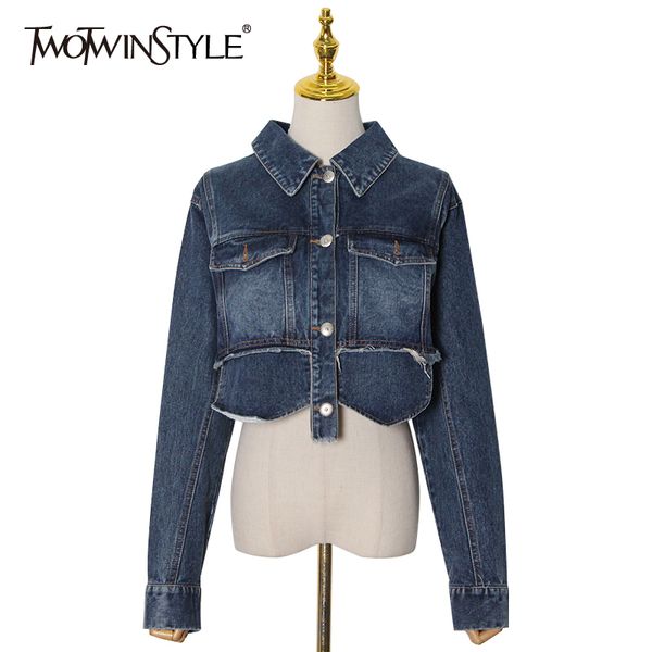 

solid denim jacket for women lapel long sleeve patchwork pocket short female fashion new clothing spring 210428, Black;brown