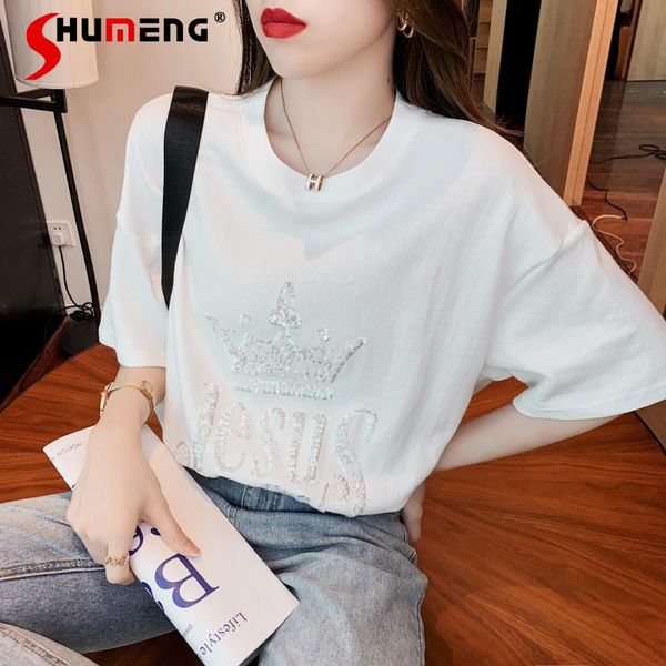 

women's t-shirt 2021 summer korean style embroidery sequined crown female women loose round neck short sleeve mid-length tees, White