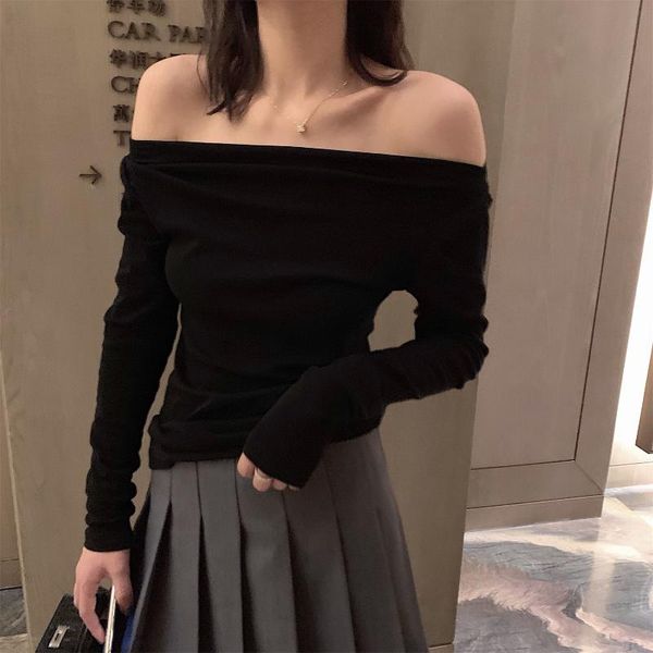 

women's t-shirt slanted shoulder neck, off-shoulder dress, summer long sleeve with leaky collarbone base shirt for women, White