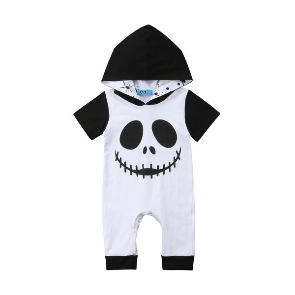 

halloween holiday toddler baby boys lovely romper short sleeve cartoon pattern print hooded jumpsuits romper outfit 0-24m, White