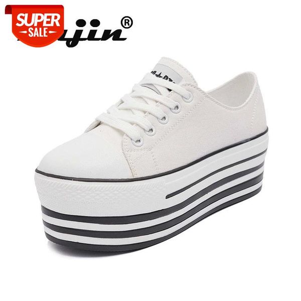 

fujin 2021 canvas shoes women's spring thick bottom fashion new platform casual women shallow cross tied breathable white shoes #y49f