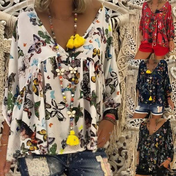 

women's blouses & shirts 2021 summer floral blouse women butterfly printing stylish female vintage plus size 4xl 5xl, White