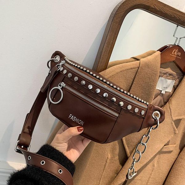 

rivet shoulder bag for women design 2021 trend pu chest bag chain solid color messenger travel handbag sac soft
