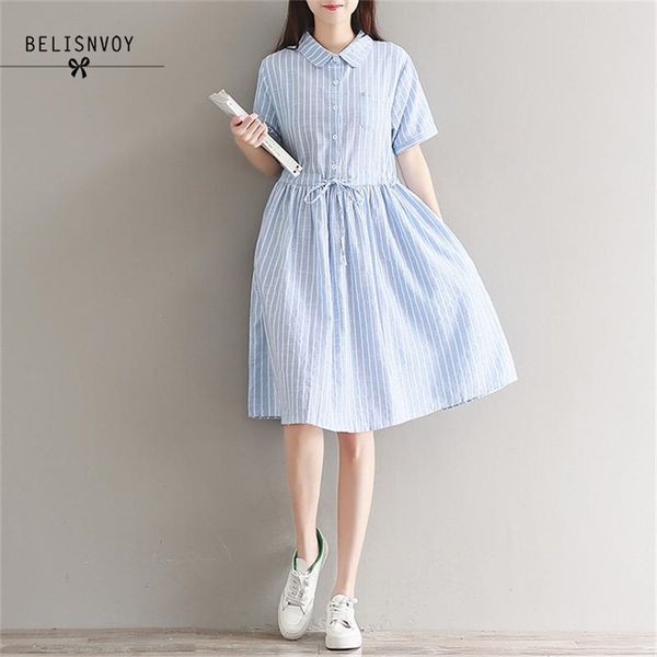 

mori girl plus size summer women shirt dress turn-down collar blue plaid lace up vestidos cotton linen vintage elegant 210520, Black;gray