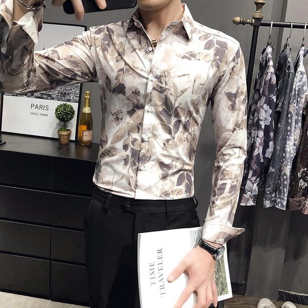 

men's casual shirts british style shirt men autumn winter retro business long sleeve tuxedo slim fit print blouse clothing, White;black