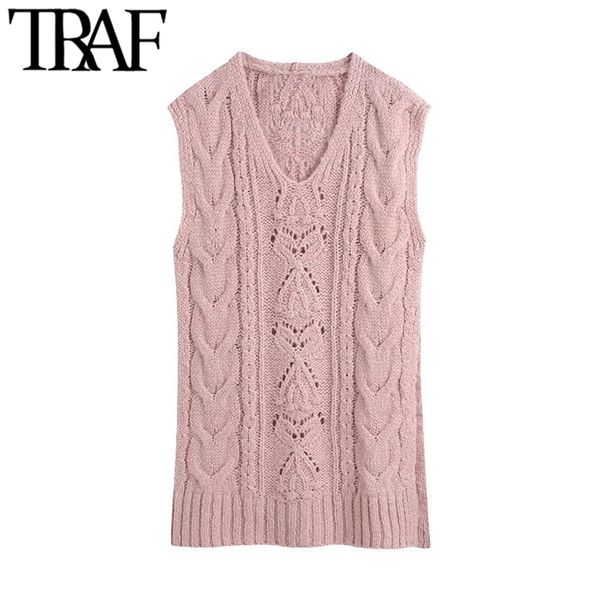 

women fashion loose long cable-knit vest sweater vintage v neck side vents female waistcoat chic 210507, White