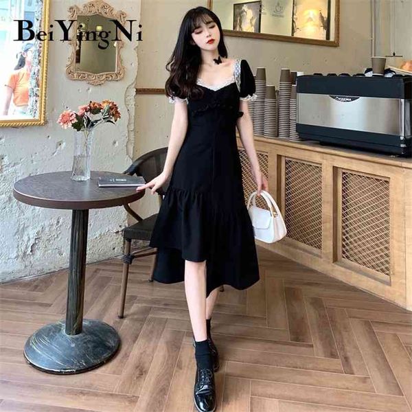 Frauen Vintage Schwarz Midi Kleid Unregelmäßige Casual Spitze Patchwork Quadrat Kragen Harajuku Plus Größe Kleider Koreanische Kleidung 210506