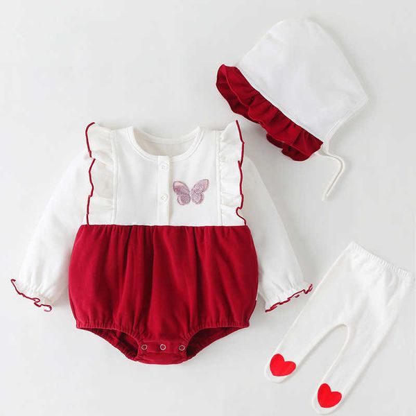 Baby Girl Roupas Conjunto Nascido Manga Longa Bodysuit Chapéu Infantil Aniversário Macacões de Jumpsuits 210615