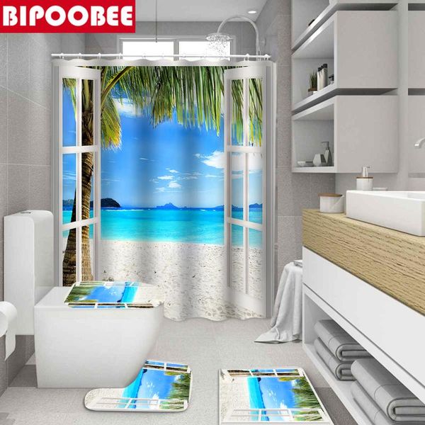 

shower curtains 3d seaside beach bathroom set toilet lid cover bath mats non slip carpet ocean scenery modern curtain with hooks