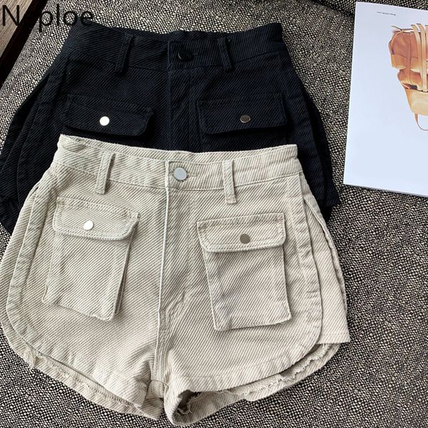 Neploe denim shorts mulheres verão vintage grande bolso sólido curta calças de brim de carga coreano casual alta cintura calça jeans em geral 210422