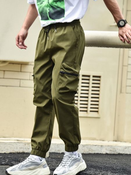 

men zip detail pocket drawstring waist pants e01x#, Black