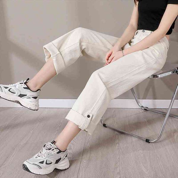

womens solid wide leg jeans pants high waist ankle-length rolled hem trousers female summer lady casual all-match trouser, Black;white