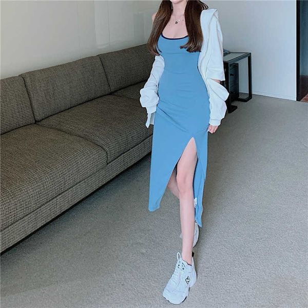 

womengaga tank vest long dress slim summer split blue dresse slash neck girl female 9c0r 210603, Black;gray