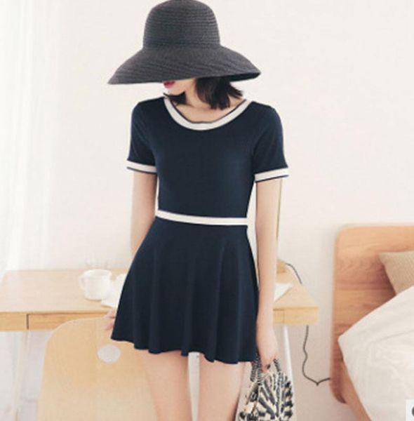 

short sleeve one piece swimsuit women solid swimwear skirted trikini push up swim suit korea style monokini bathing bow one-piece suits