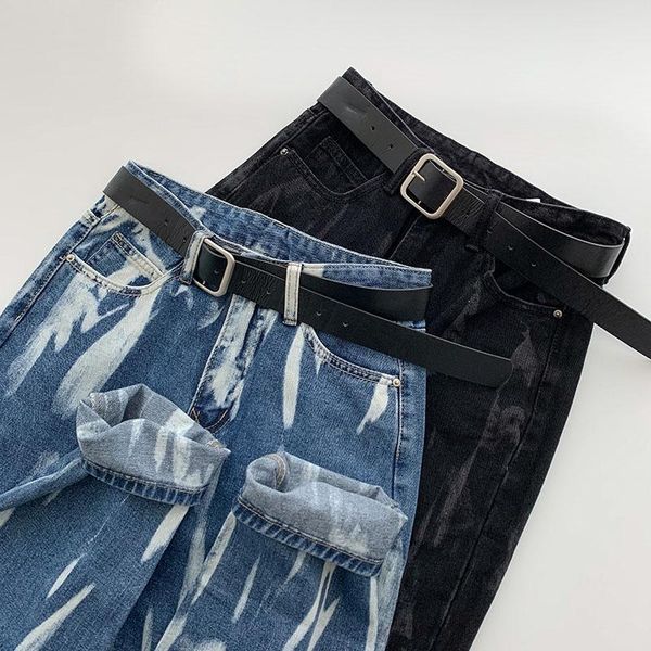 

women's jeans women streetwear baggy fashion y2k pants spring autumn tie-dye high-waist button straight leg with belt, Blue