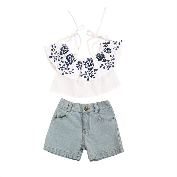 

girls lace up and shorts set fresh printing boat neck t shirt solid color denim short pants 2 7t, White