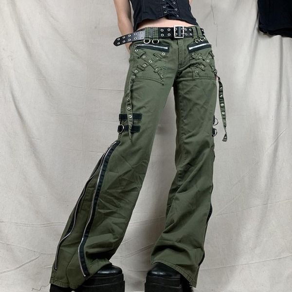 

women's pants & capris gothic punk baggy retro kawaii trousers bandage low waist cargo grunge green zipper jeans women korean sweatpant, Black;white