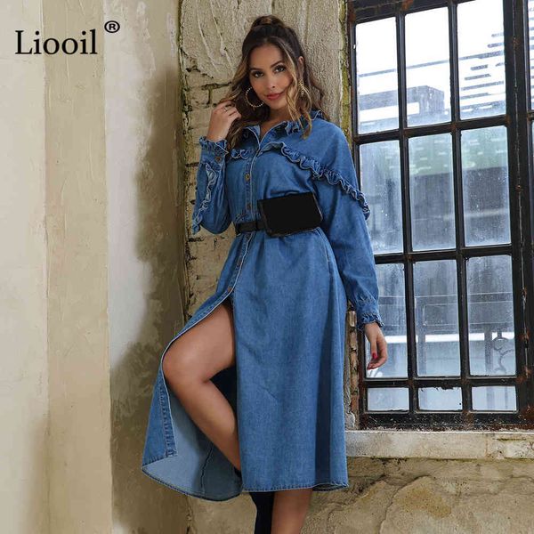 

dress ruffle midi slit denim dress women long sleeve big swing high waist button up blue dresses woman party night club xwmj, Black;gray