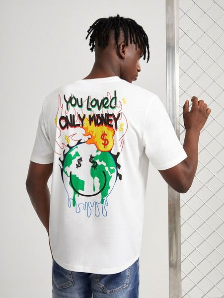 

men slogan & cartoon face print tee v80v#, White;black