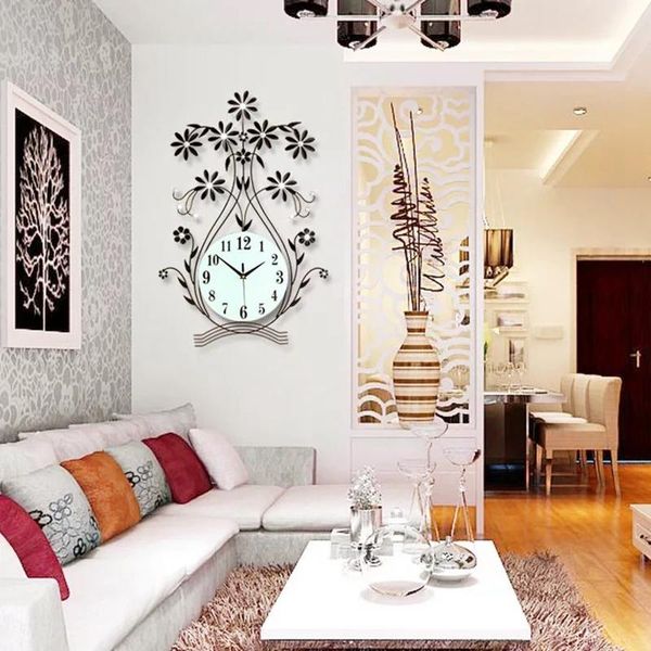 

wall clocks 3d big clock modern design home decor watches living room 19pcs diamonds wrought iron silent flower large