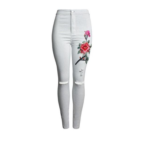 

women's jeans women 's vintage embroider flowers ripped pencil stretch denim pants female skinny trousers high waist 2112, Blue