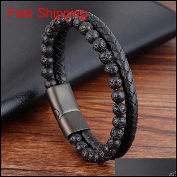 

men beacelets natural volcano stone leather magnetic-clasp cowhide braided trendy bracelet armband pulsera qylblg mj_fashion, Golden;silver