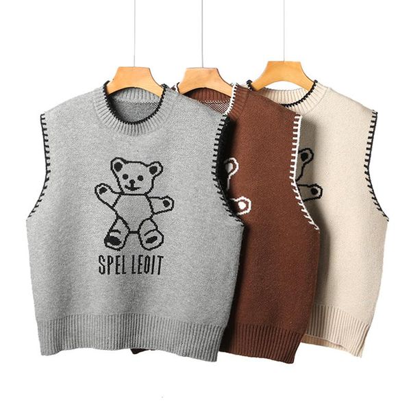 

women's vests chic korean cute bear sweater vest for women spring winter pullover knitted sleeveless jecket gilet femme, Black;white
