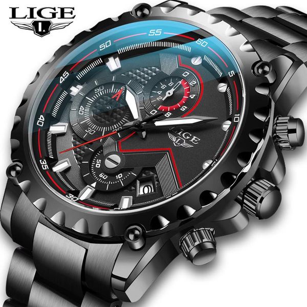

wristwatches lige men watches fashion sport waterproof chronograph male stainless steel wristwatch relogio masculino, Slivery;brown