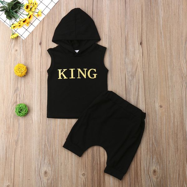 

king print sleeveless hoodie and shorts 2pcs set for toddler and baby boy clothes, White