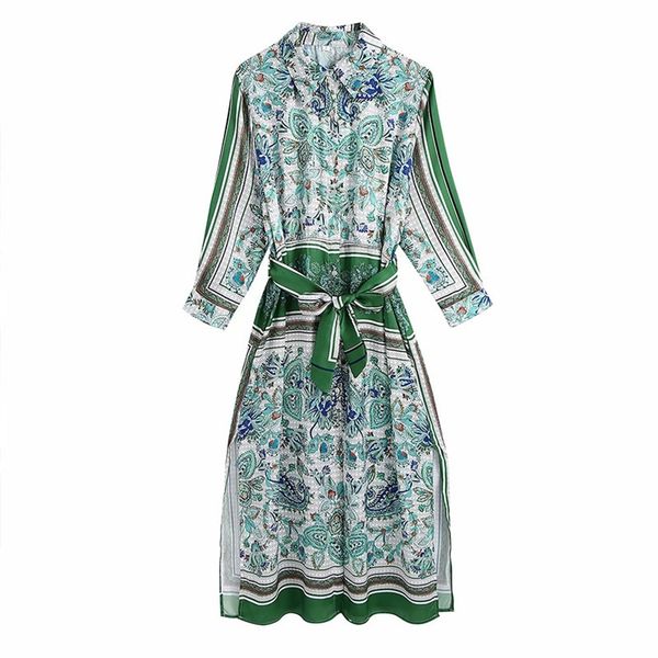 

women summer print vintage shirts dress za 3/4 sleeve sashes bow tie female elegant street split fork dresses vestidos 210513, White