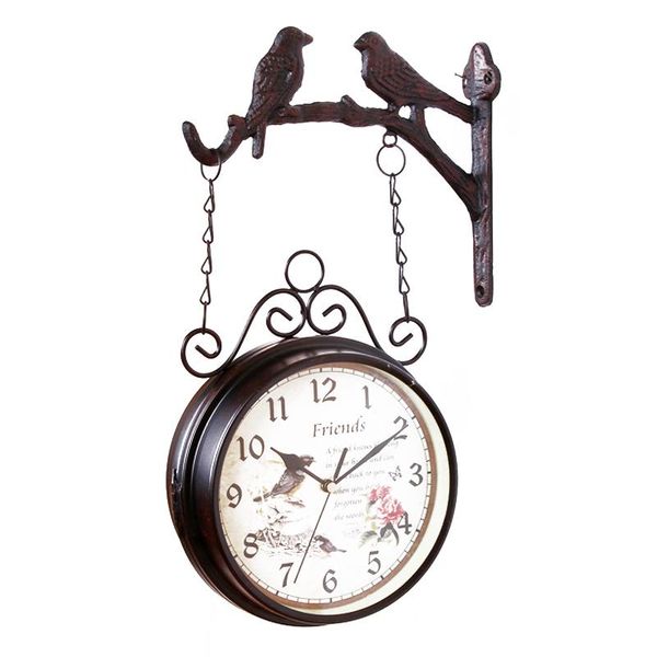 

wall clocks european vintage two birds on branch with rose flower design double sided round hanging mounted decor iron clock
